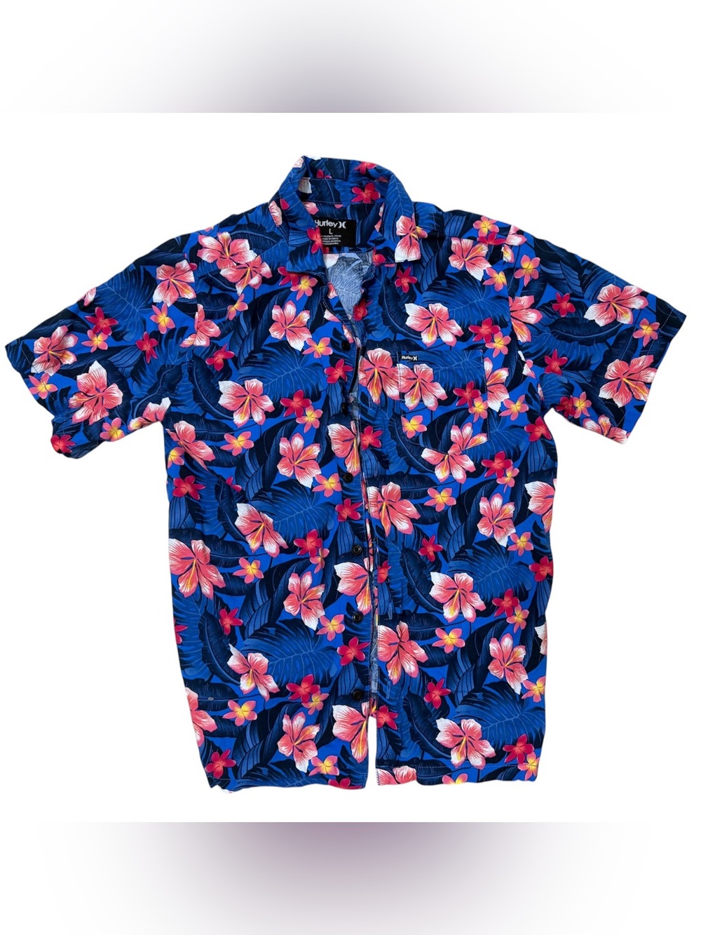 Hurley Boys Hawaiian Button Down Shirt Blue Floral Tropical Size Large L 12–13 Y